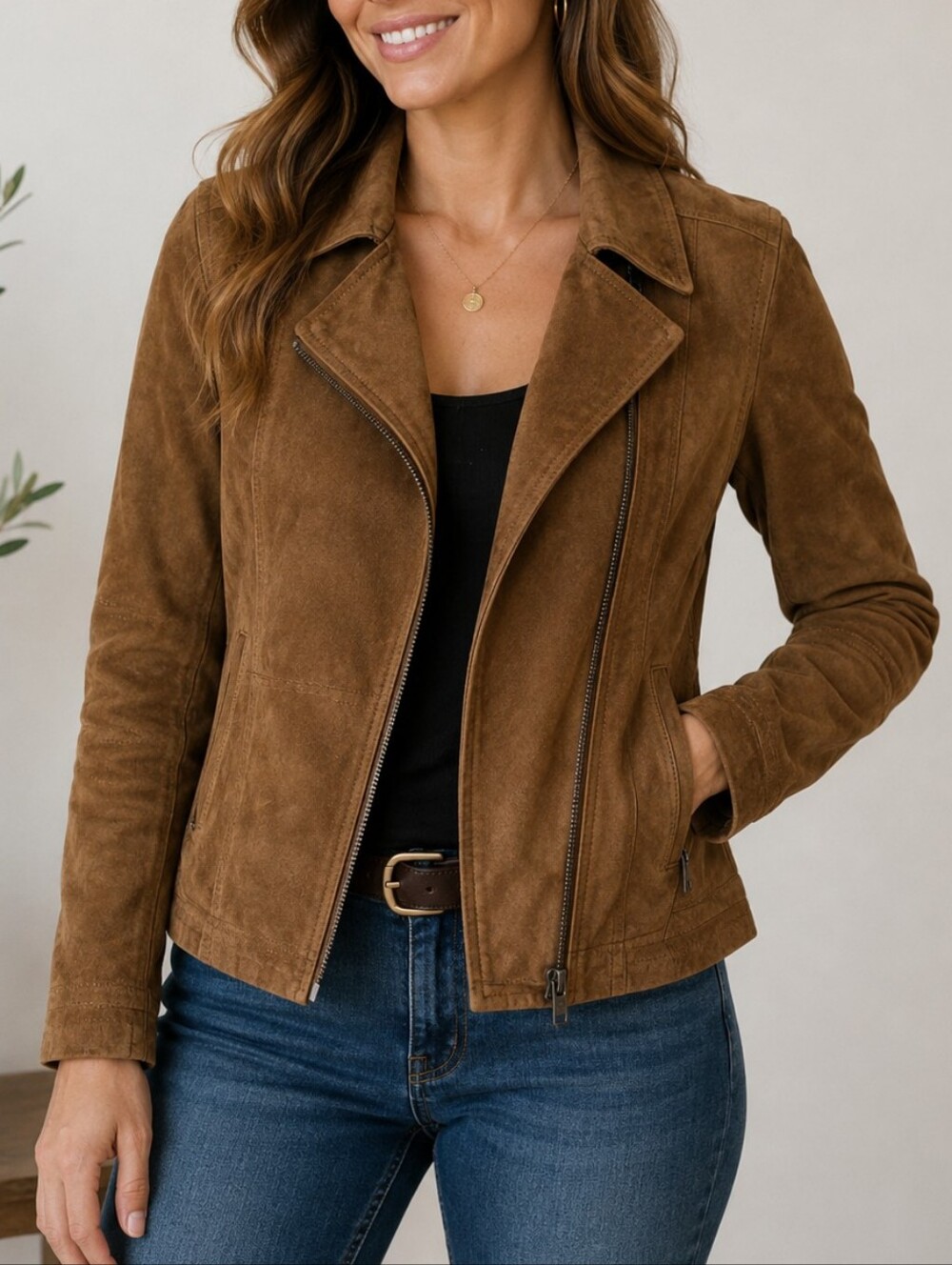 Athleta Helena Genuine Suede Leather Moto Jacket Burnished Brown Women's Size S